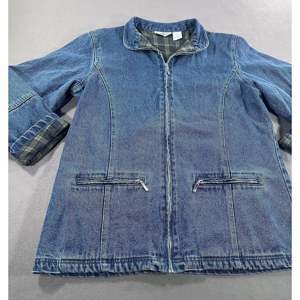 VTG North Style Denim Flannel Lined Chore Coat Women's M 90's Jean Jacket Plaid - Picture 2 of 11